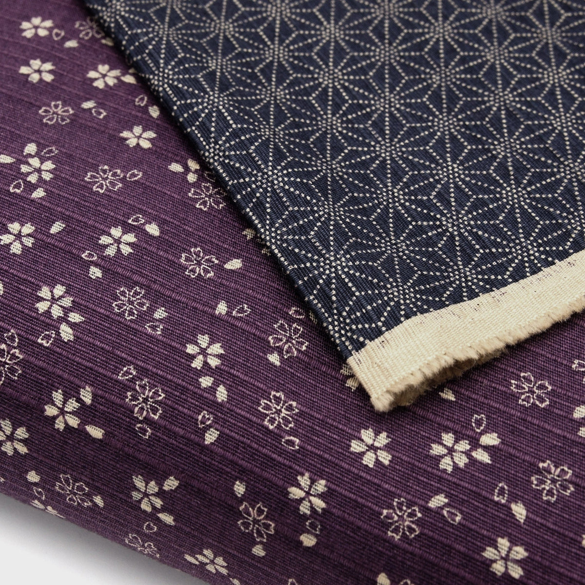 Japanese Cotton Shantung Dobby Print- Eggplant Sakura and Indigo Hemp Leaves