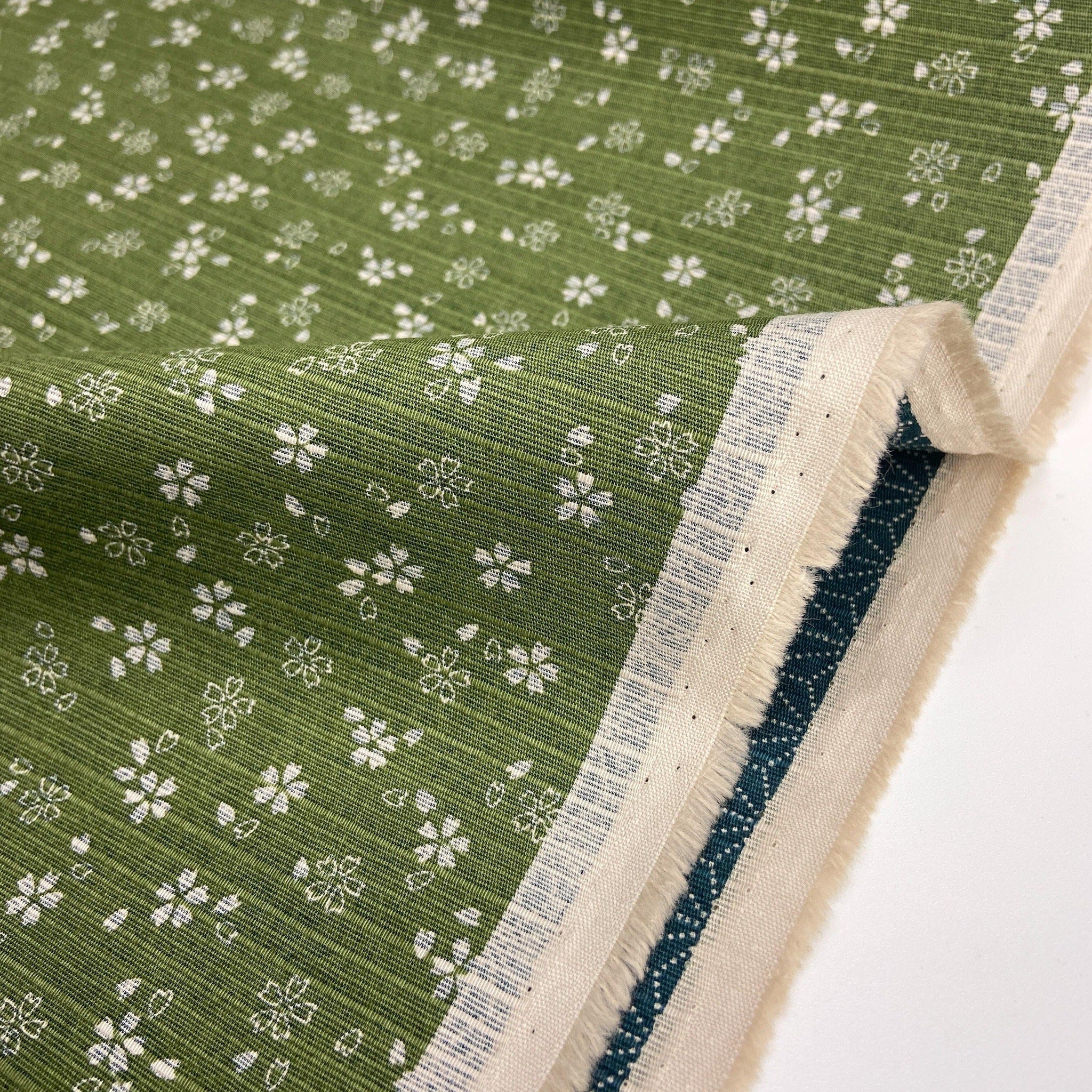 Japanese Cotton Shantung Dobby Print - Grass Sakura and Blue Hemp Leaves - Earth Indigo