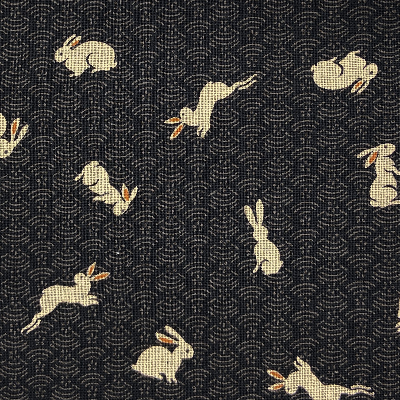 Japanese Cotton Sheeting Print - Rabbits Waves Black