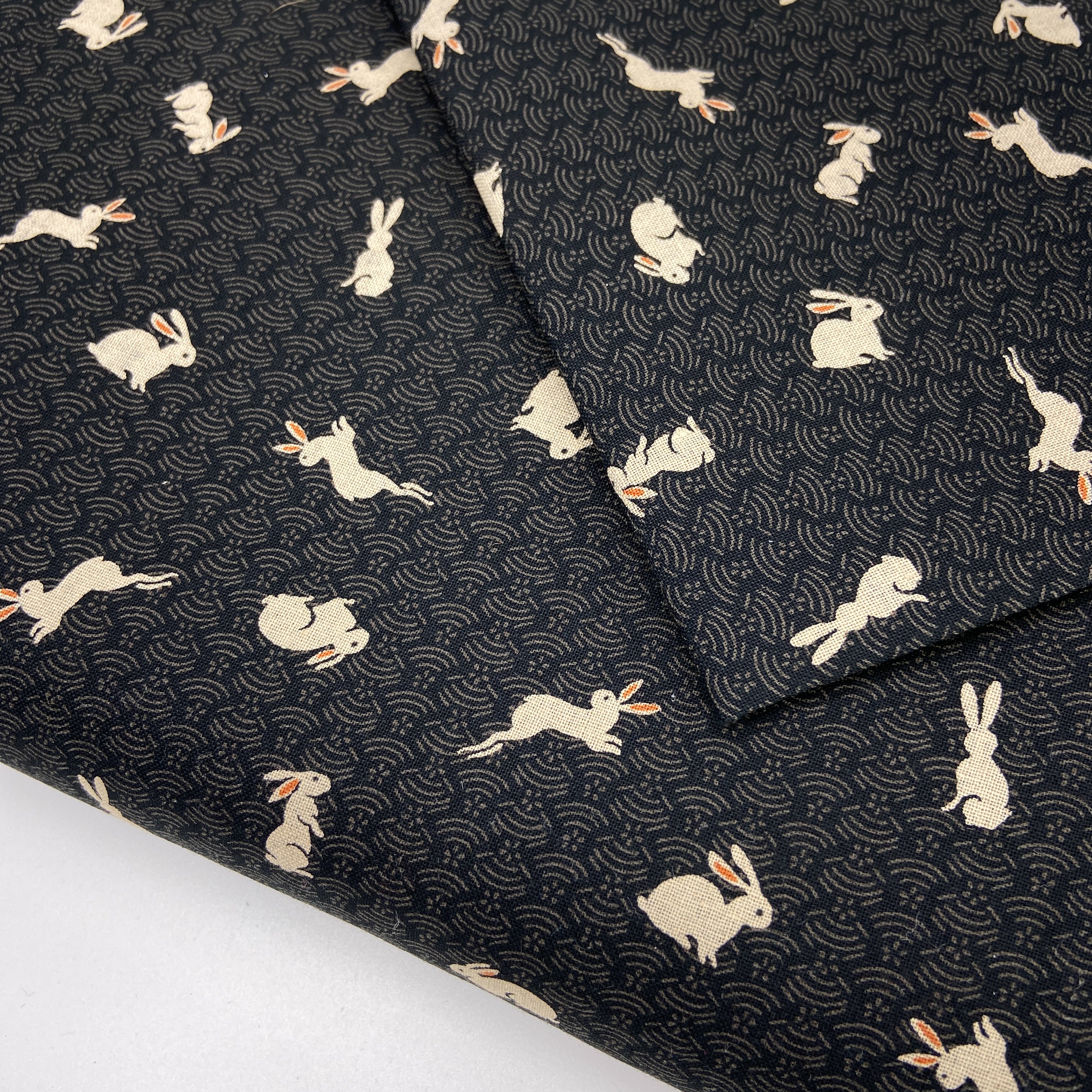 Japanese Cotton Sheeting Print - Rabbits Waves Black