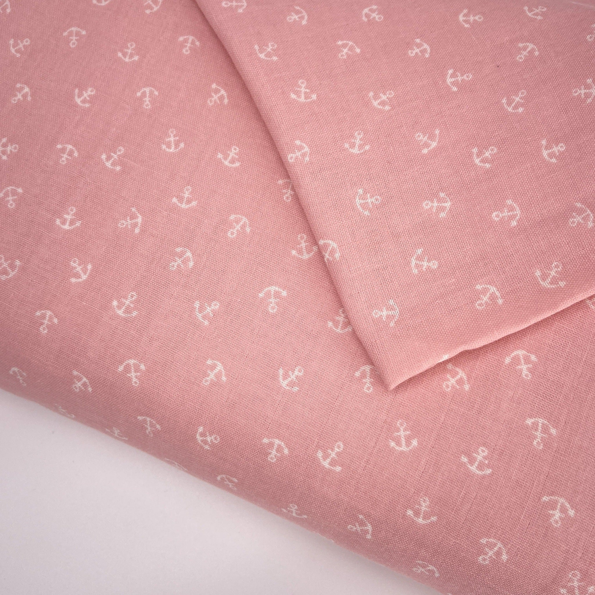 Japanese Cotton Double Gauze Print - Pink Bk White Anchor