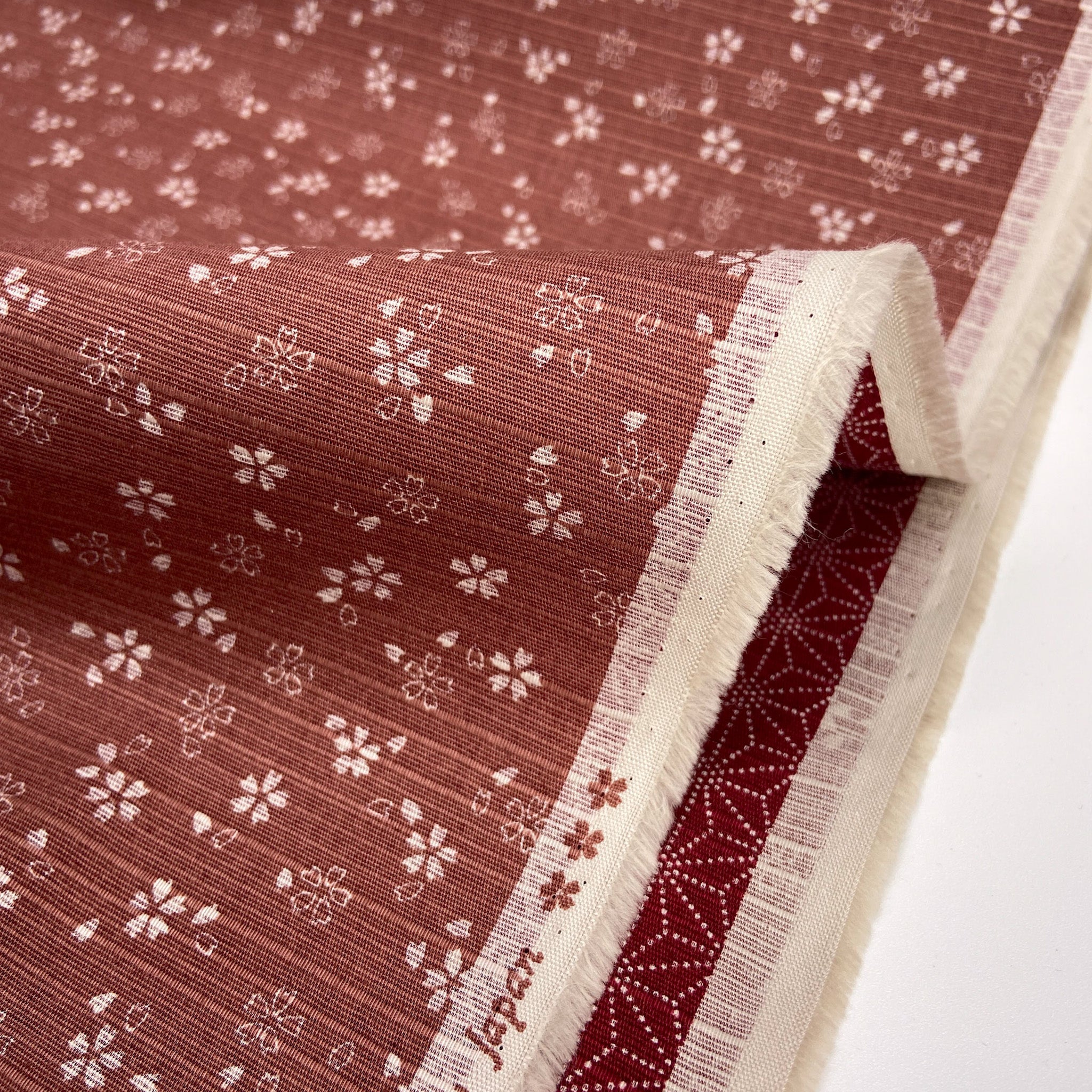 Japanese Cotton Shantung Dobby Print - Cherry Pink Sakura and Red Hemp Leaves