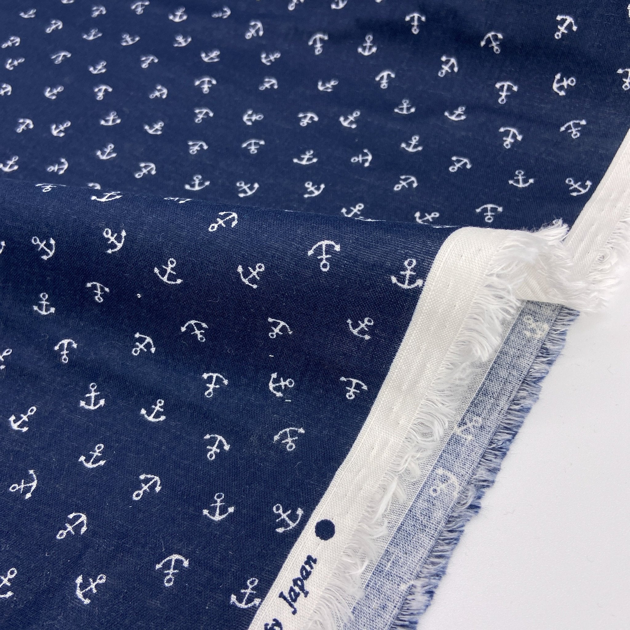Japanese Cotton Double Gauze Print - Navy Bk White Anchor