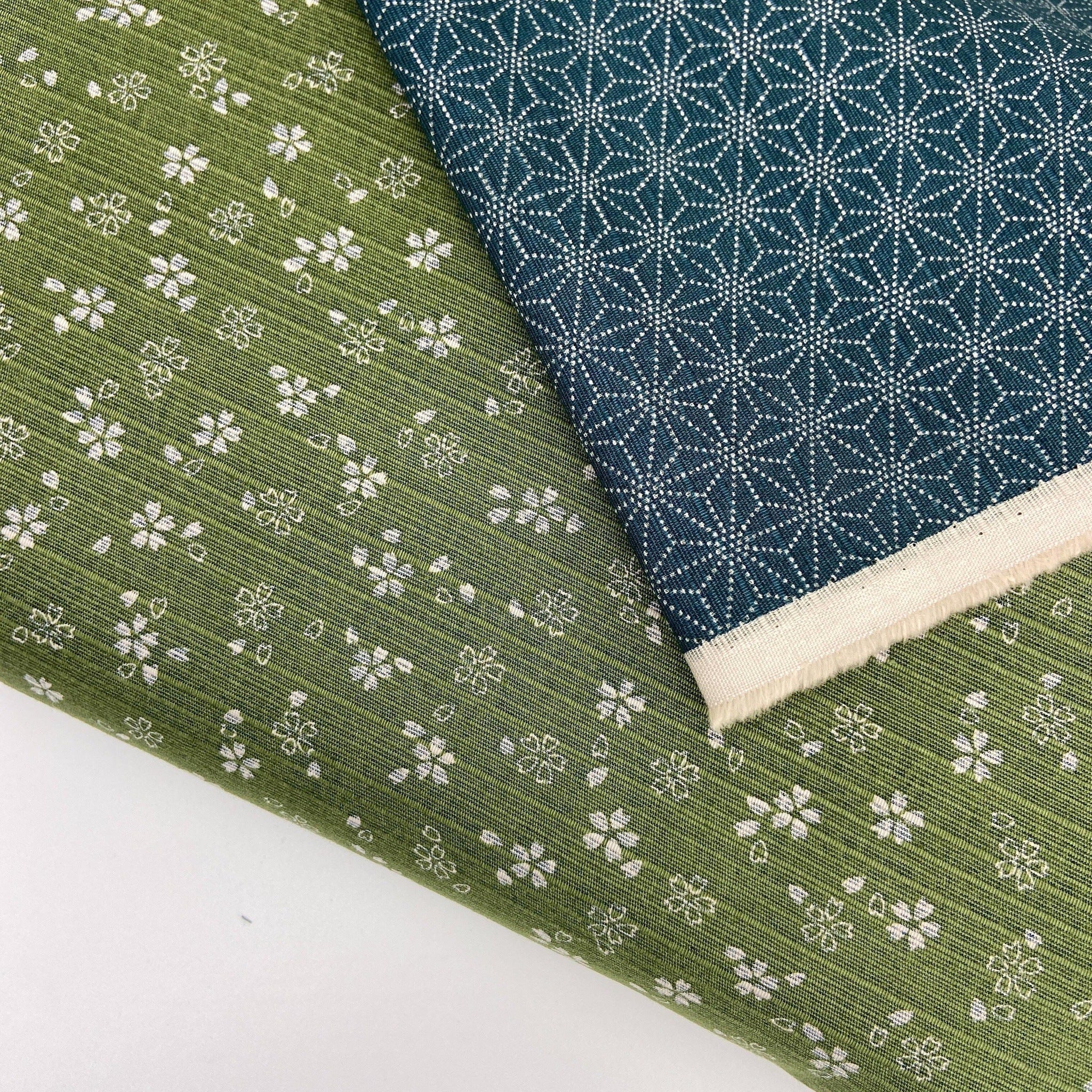 Japanese Cotton Shantung Dobby Print - Grass Sakura and Blue Hemp Leaves - Earth Indigo