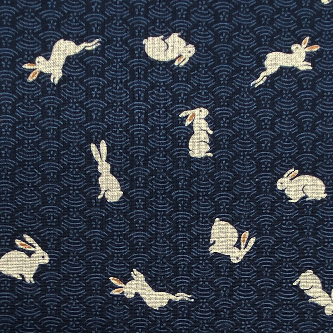 Japanese Cotton Sheeting Print - Rabbits Waves Navy