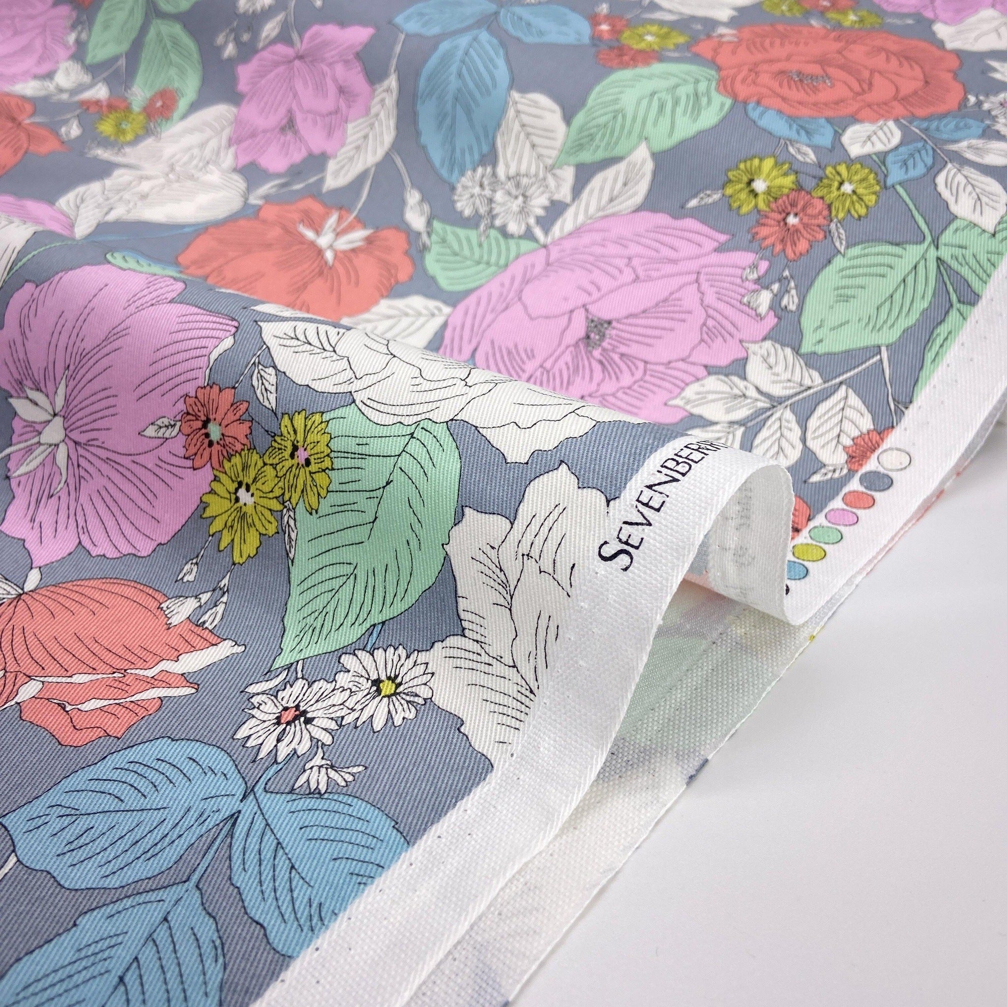 Japanese Cotton Twill Print - Big Floral Grey - Earth Indigo