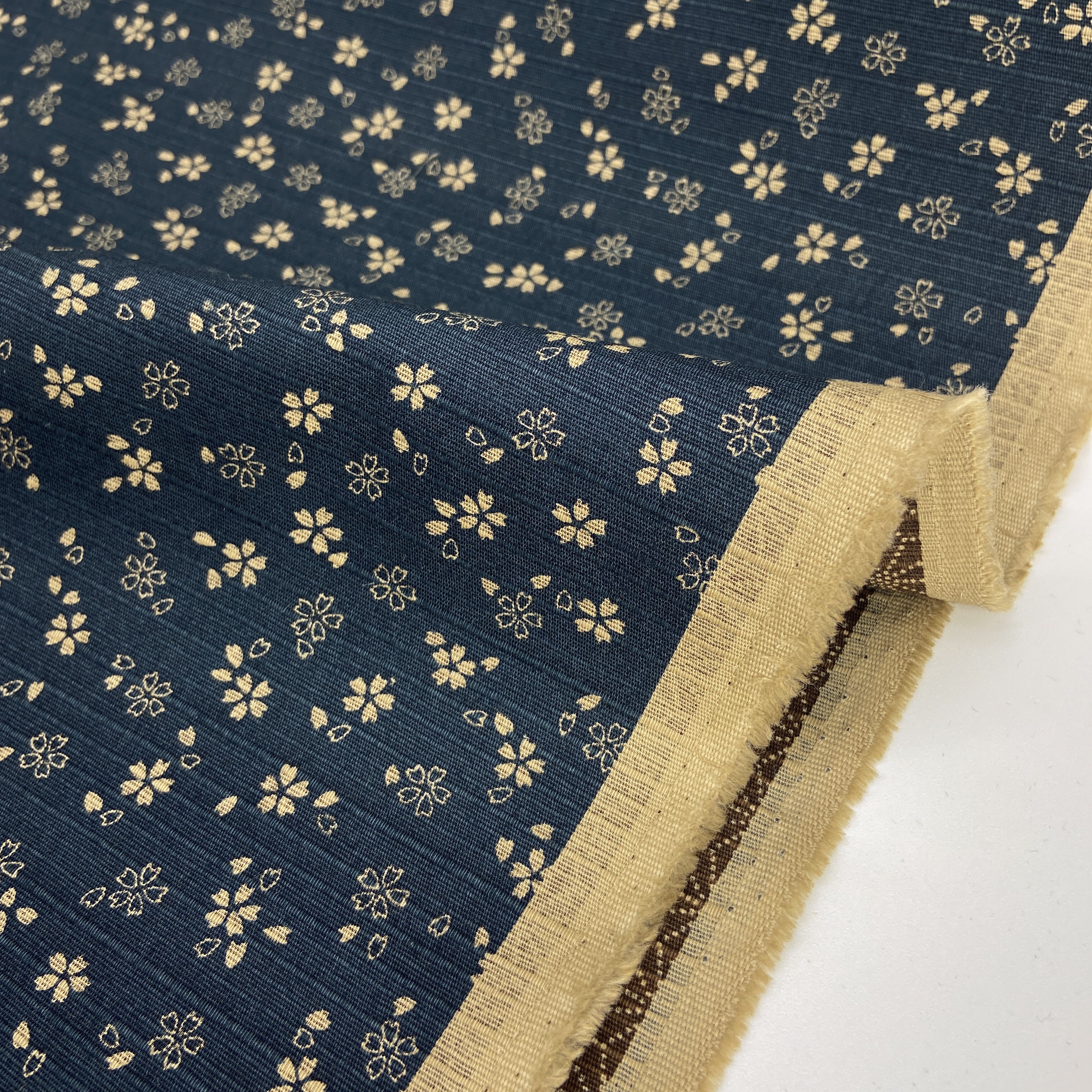Japanese Cotton Shantung Dobby Print - Navy Sakura and Tea Hemp Leaves