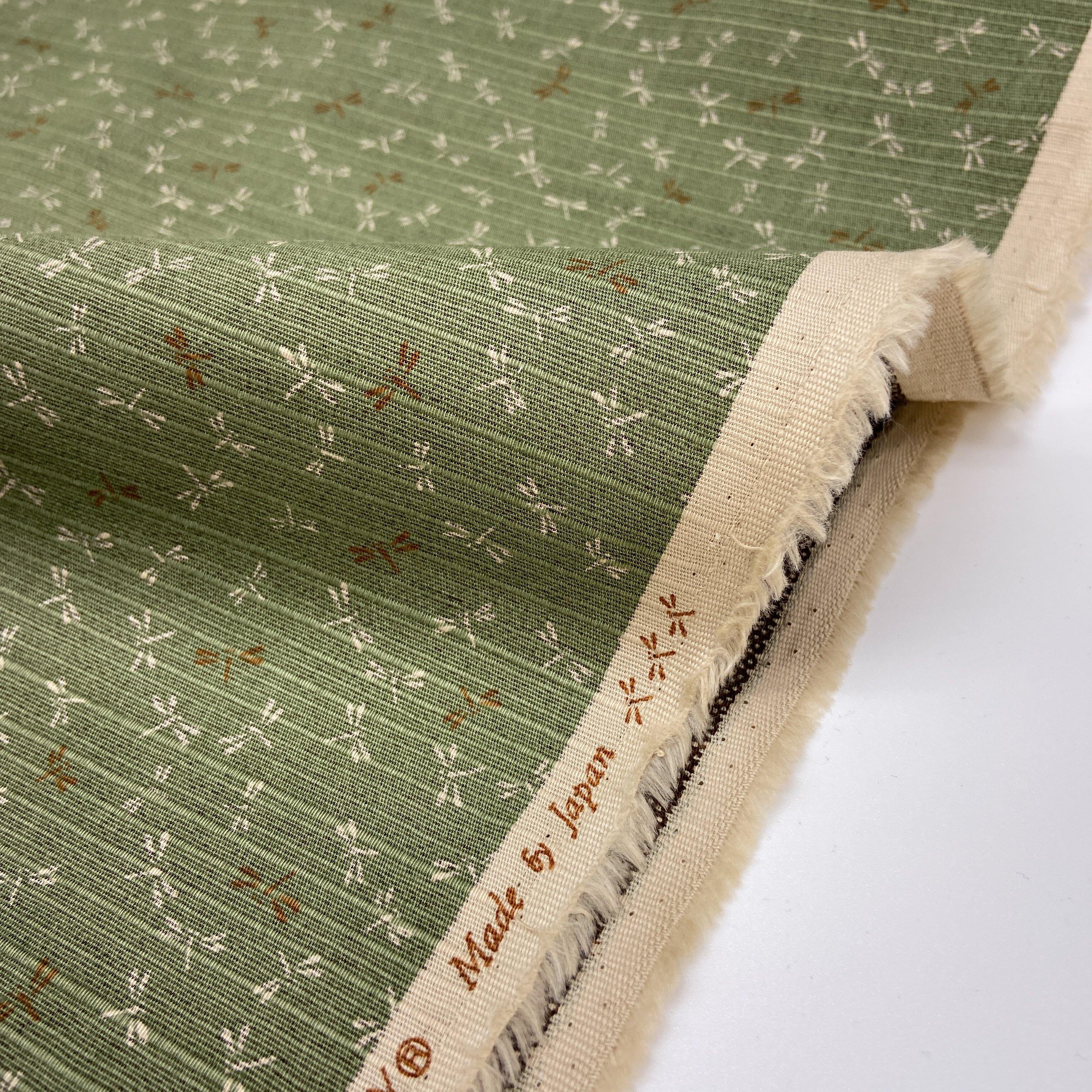 Japanese Cotton Shantung Dobby Print - Green Tea Dragonfly and Willow Shark Skin - Earth Indigo