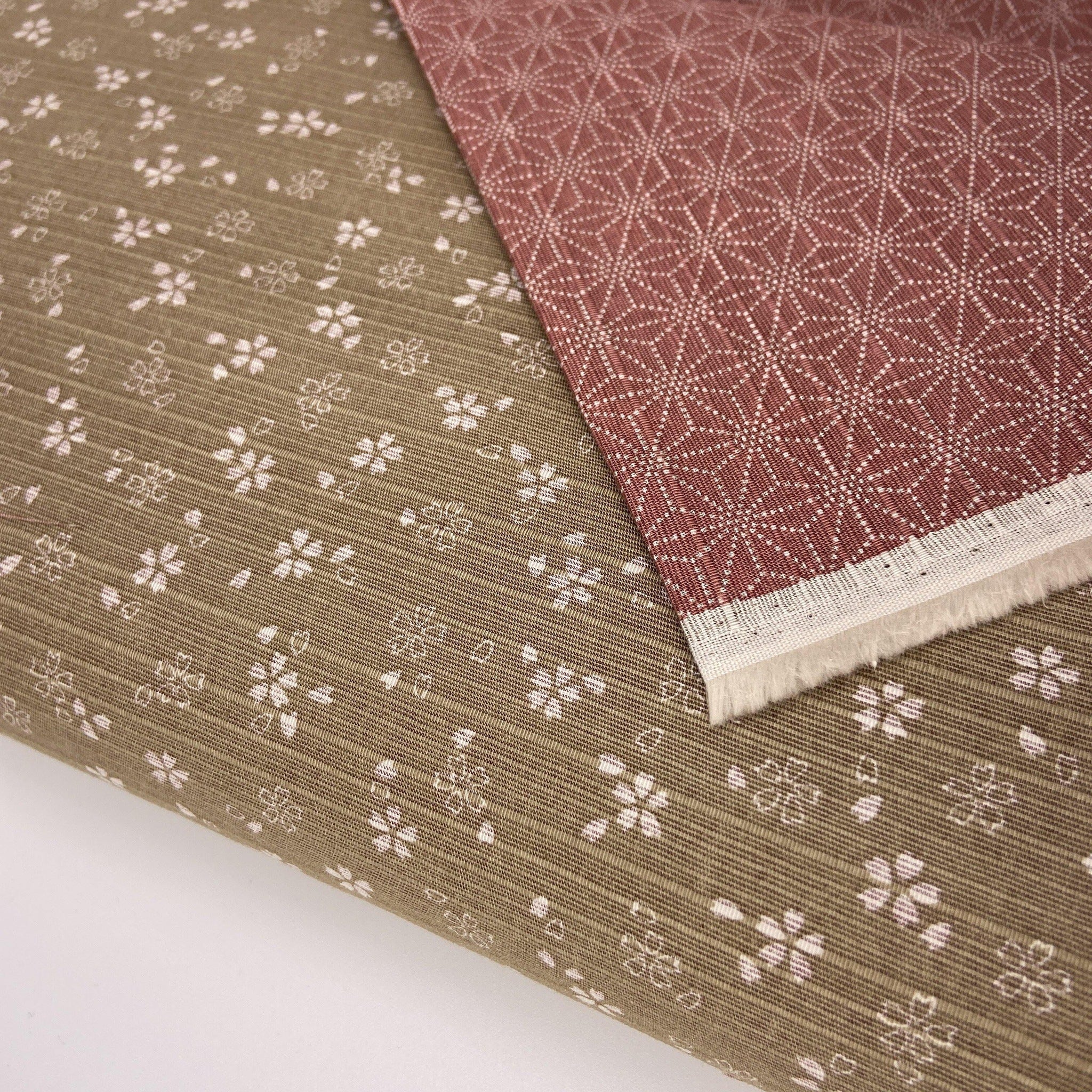 Japanese Cotton Shantung Dobby Print - Flax Sakura and Cherry Hemp Leaves - Earth Indigo